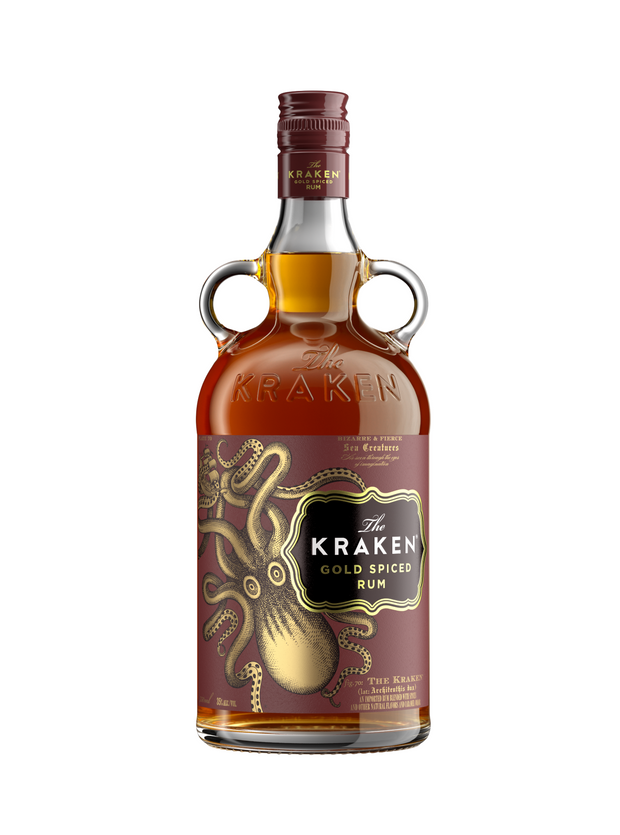 A 750ml size bottle of Kraken Gold Spiced Rum, featuring a sweet and rich flavor profile of cinnamon, vanilla, and nutmeg.