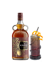 A 750ml size bottle of Kraken Gold Spiced Rum, featuring a sweet and rich flavor profile of cinnamon, vanilla, and nutmeg next to a cocktail glass.