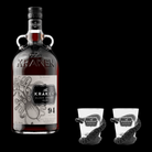 Kraken Black Spiced rum bottle with two shot glasses on a black background