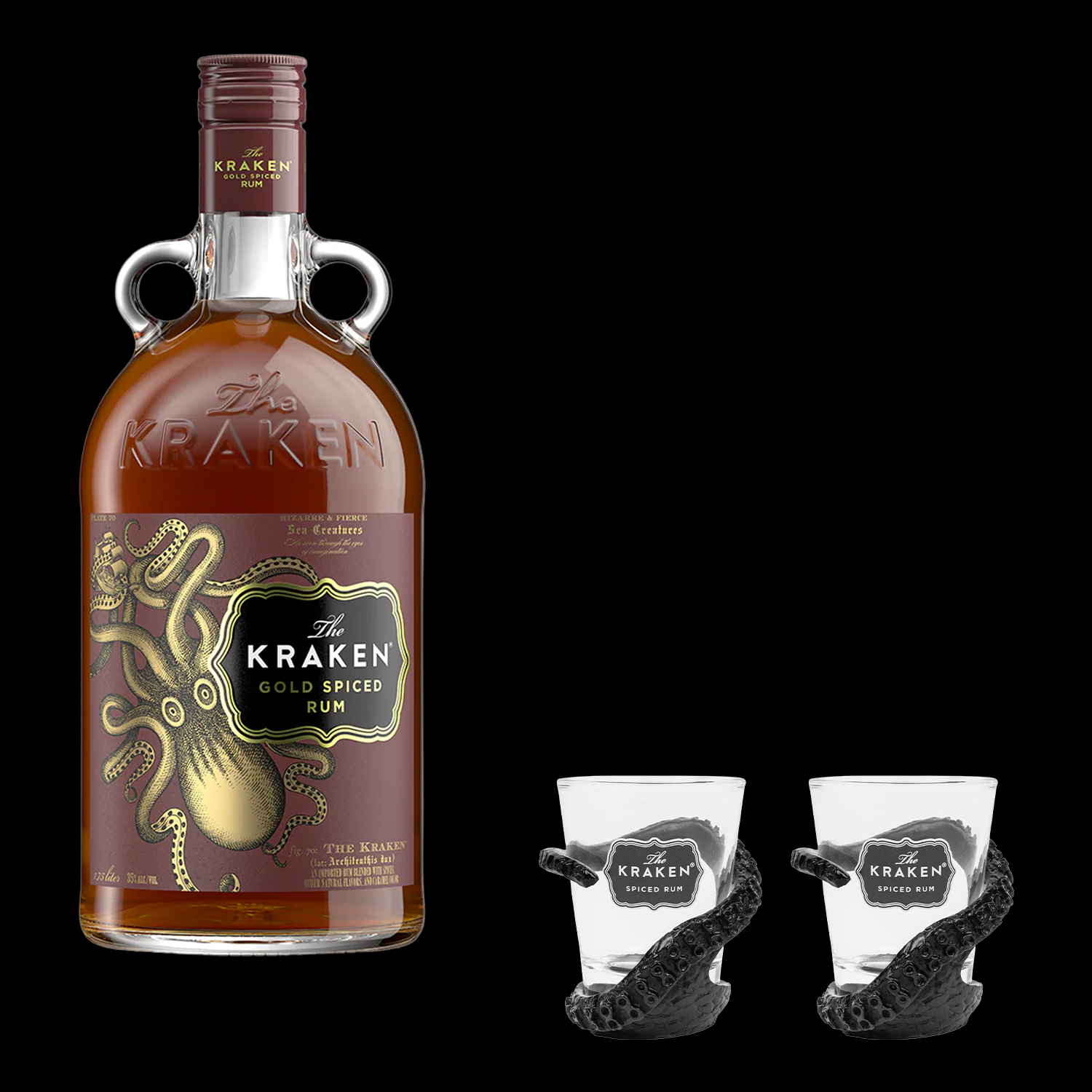 Kraken Gold Spiced Rum bottle with two shot glasses on a black background