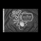 A black flag with a white image of a kraken, a mythical sea monster, wrapped around a ship. The text "The Kraken Spiced Rum" is written in a banner below the image.