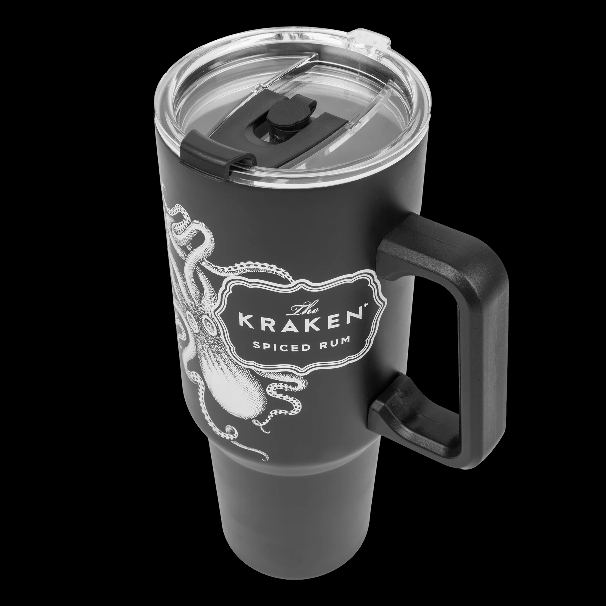 Black tumbler with Kraken Spiced Rum logo