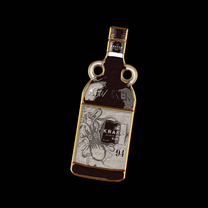 Pin of a Kraken bottle, labeled "The Kraken Black Spiced Rum 94."