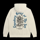 Ivory Hoodie with central graphic of The Krraken, depicted with multiple tentacles and a skull-like head.
Text surrounding The Kraken reads: "Legendary Beast of The Sea" in a gothic-style font.
Below The Kraken, smaller text states: "The KRAKEN SPICED RUM".