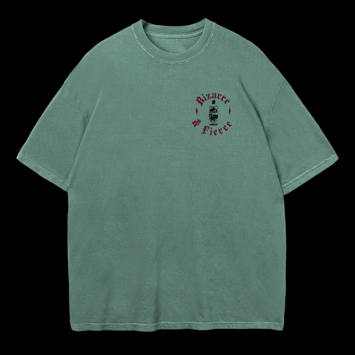 Green t-shirt with a small Kraken Rum bottle graphic printed on the left chest with text around the graphic reads "Bizarre & Fierce"
