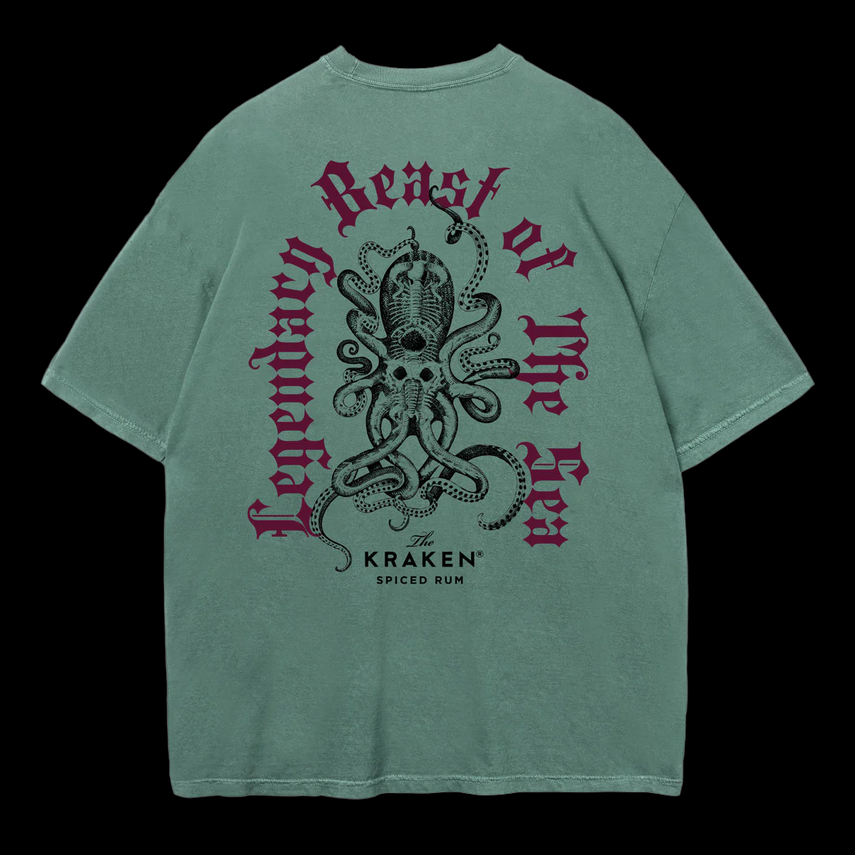 Green t-shirt with a large, intricate black illustration of The Kraken with multiple tentacles. Curved text above and below The Kraken reads "Legendary Beast of the Sea" in a gothic-style font.
Below the kraken, smaller text states "The KRAKEN® SPICED RUM," indicating the brand.