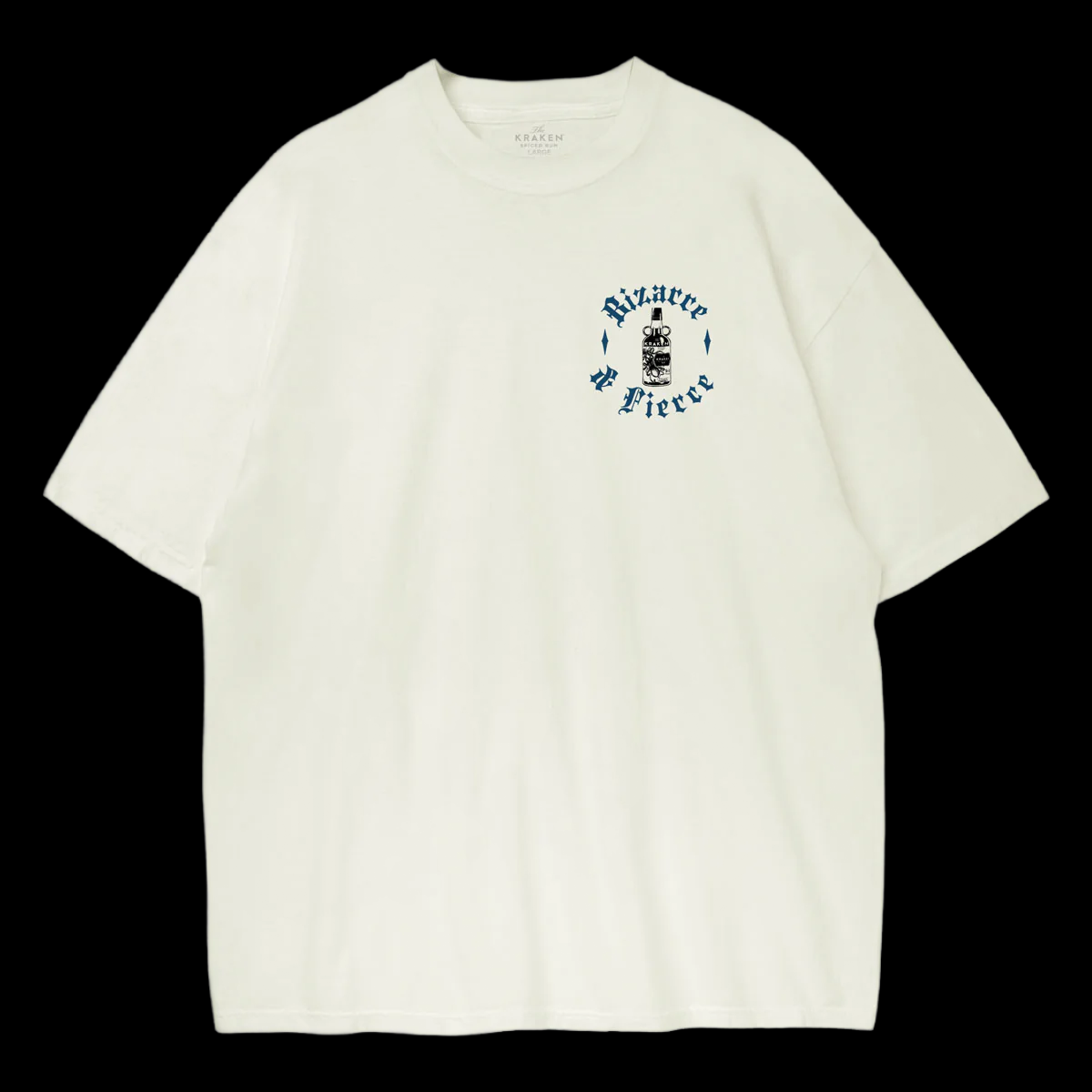 White t-shirt with a logo on a black background