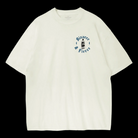 White t-shirt with a logo on a black background