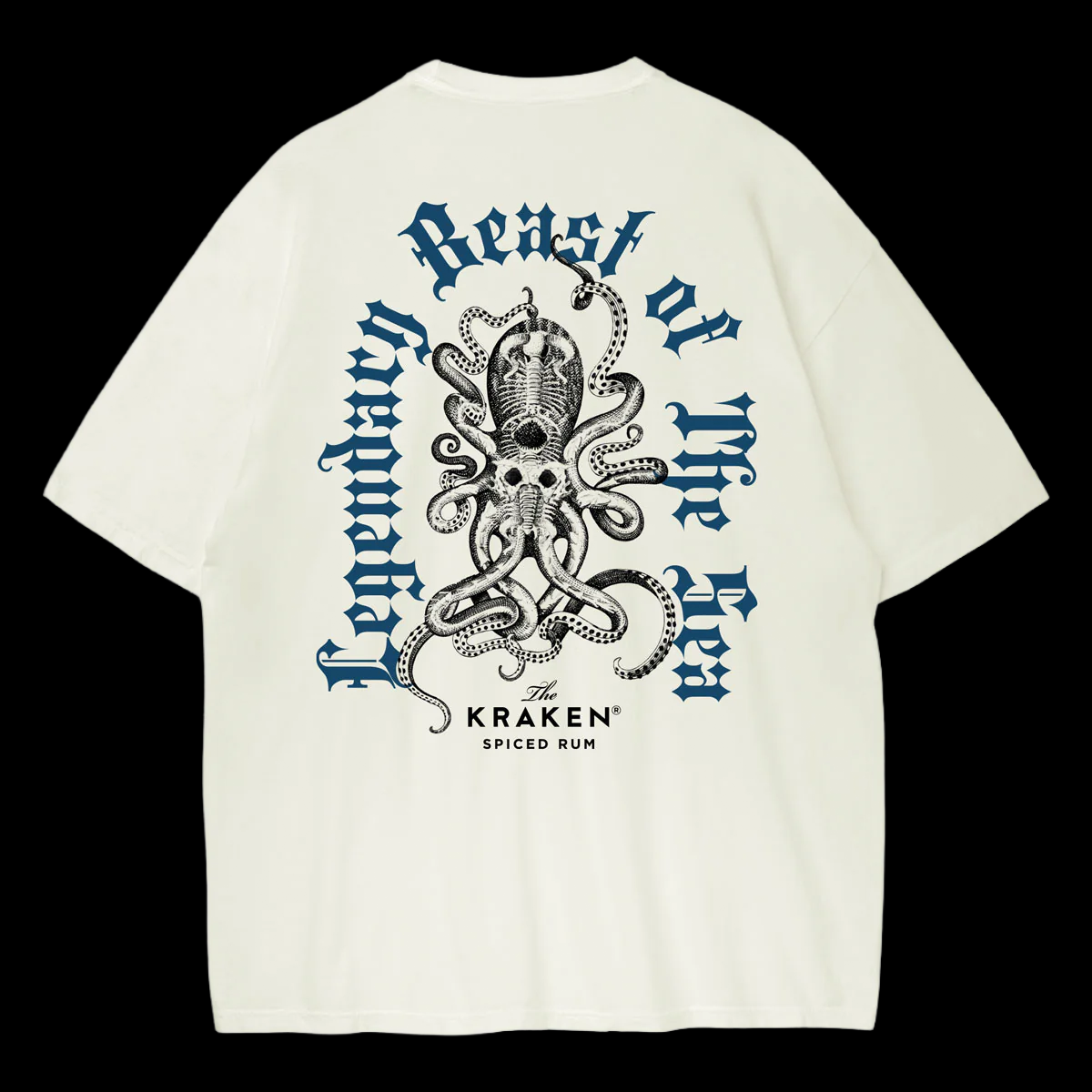Beige t-shirt with Kraken spiced rum graphic on a black background