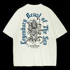 Beige t-shirt with Kraken spiced rum graphic on a black background
