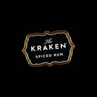 Kraken logo pin that says: "The Kraken Spiced Rum," with a black background, white text, and a gold border.