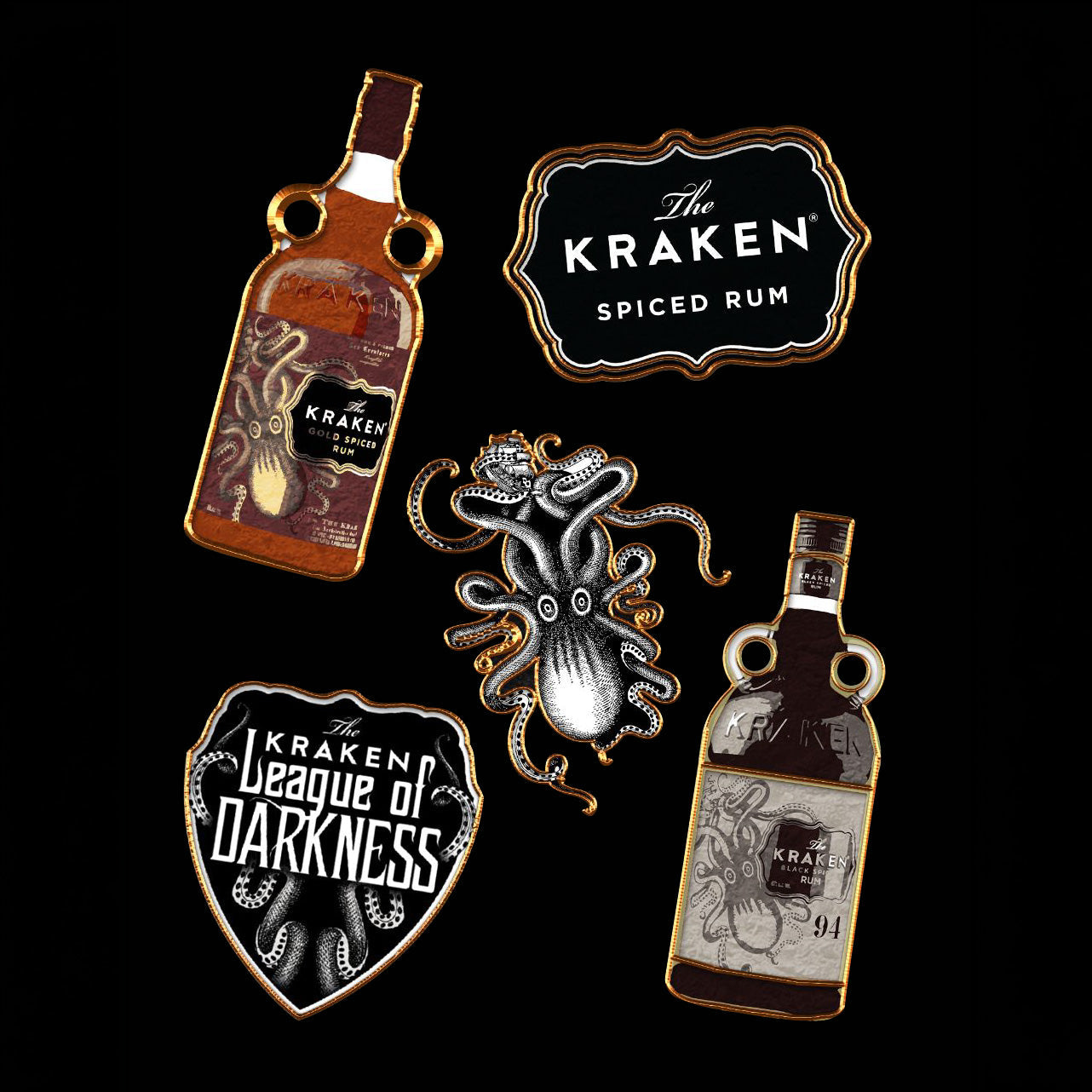 Set of Kraken Spiced Rum-themed pins on a black background