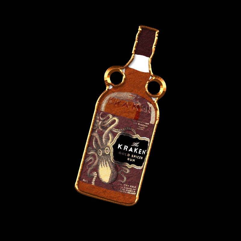 Pin of a Kraken bottle, labeled "The Kraken Gold Spiced Rum."