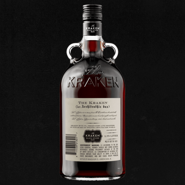 The back label of a bottle of the 1.75L Kraken Black Spiced Rum 94 Proof.