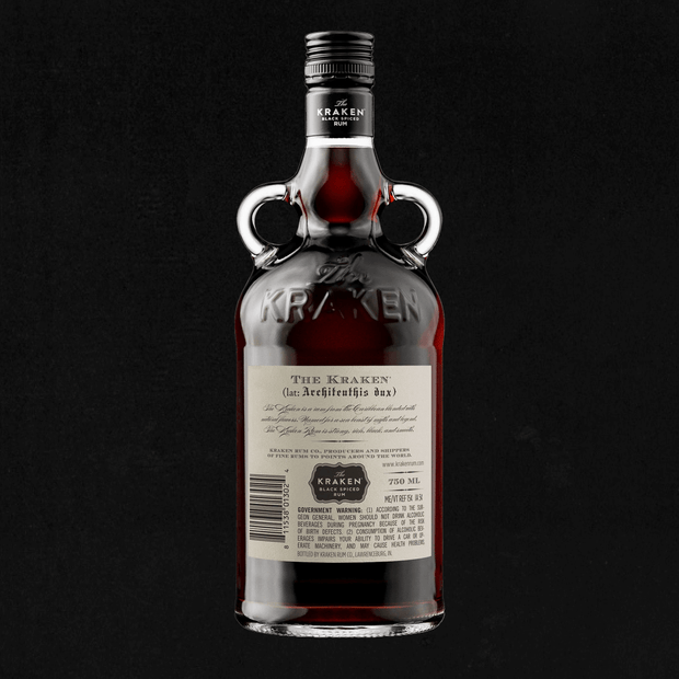 The back label of a bottle of the 750ml Kraken Black Spiced Rum 94 Proof.