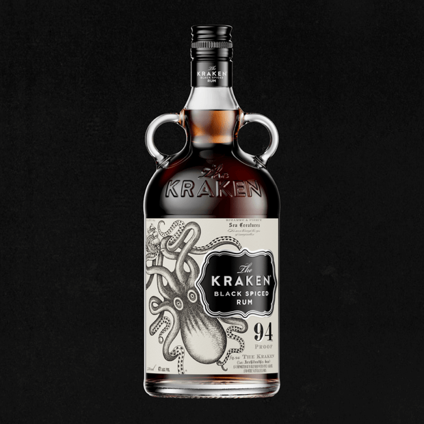 A bottle of the 750ml Kraken Black Spiced Rum, featuring a dark and inviting Caribbean gem with a complex flavor profile of cinnamon, ginger, and clove.