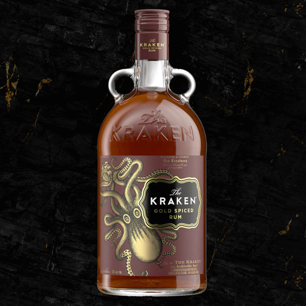 A bottle of the 1.75L Kraken Gold Spiced Rum, featuring a sweet and rich flavor profile of cinnamon, vanilla, and nutmeg.
