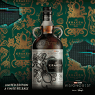 The Kraken Black Spiced Rum VisionQuest limited edition bottle against a green and gold Kraken pattern with digital glitch effects.